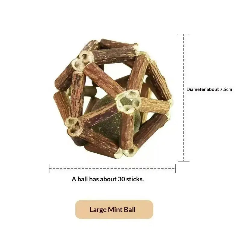 A large ball made of about 30 natural wooden teething sticks for cats.