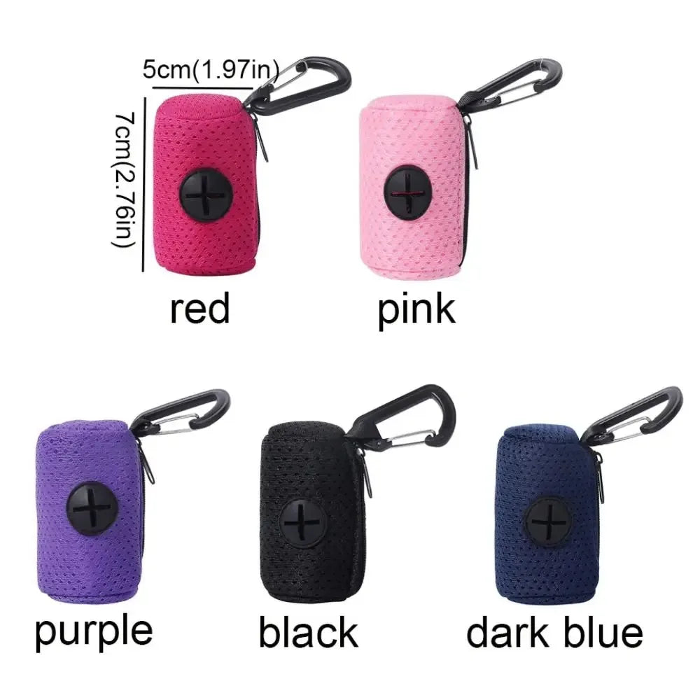 A collection of portable mesh dog waste bag dispensers in red, pink, purple, black, and dark blue.