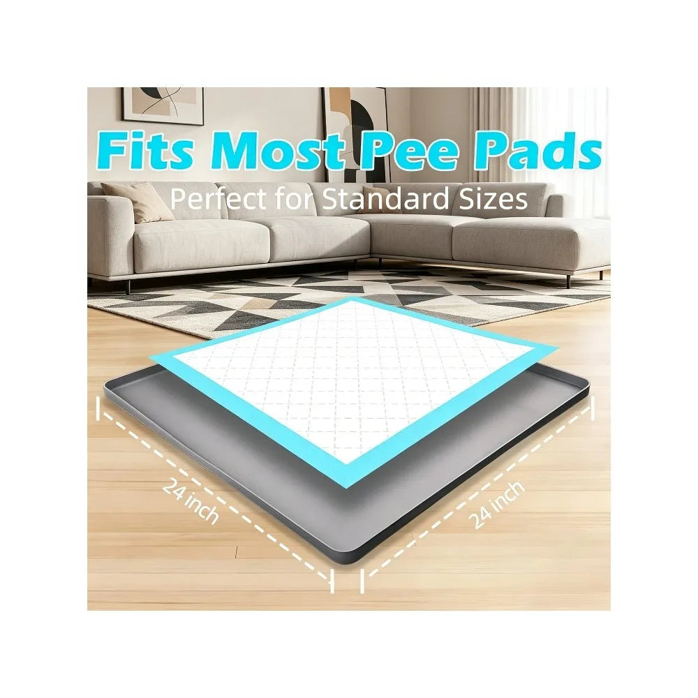 A silicone dog pee pad holder is shown with a 24 inch square pad placed on a wooden floor.