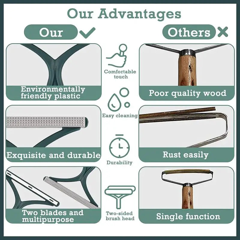 Comparison chart showing advantages of a silicone double-sided pet hair and lint remover over other products.