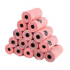A stack of twenty rolls of pink biodegradable dog waste bags with a dispenser.