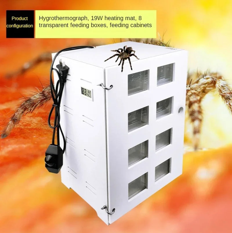 Weißes Reptilien-Acryl-Zuchtbecken mit Futterboxen und Heizmatte vor orangem Hintergrund.