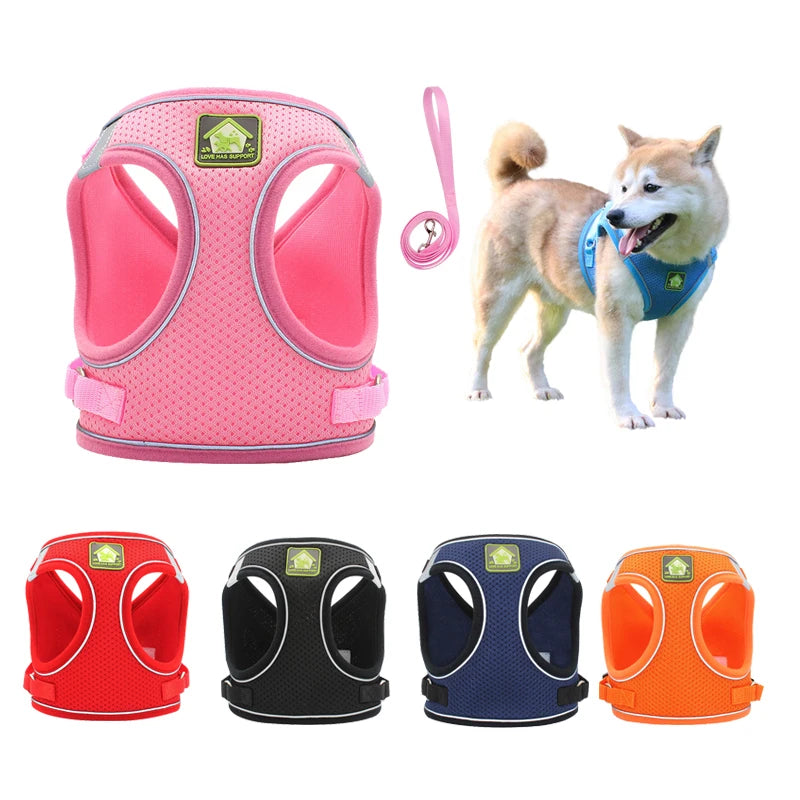 Various colors of adjustable mesh dog harnesses for small and medium pets shown with a dog.