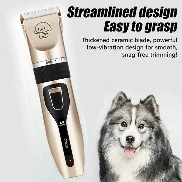 A close-up of a gold pet hair clipper with a black grip and a fluffy dog in the background.