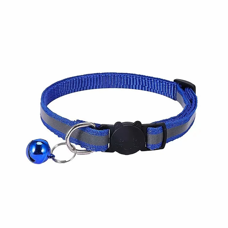 Blue reflective cat collar with a breakaway buckle and attached bell.