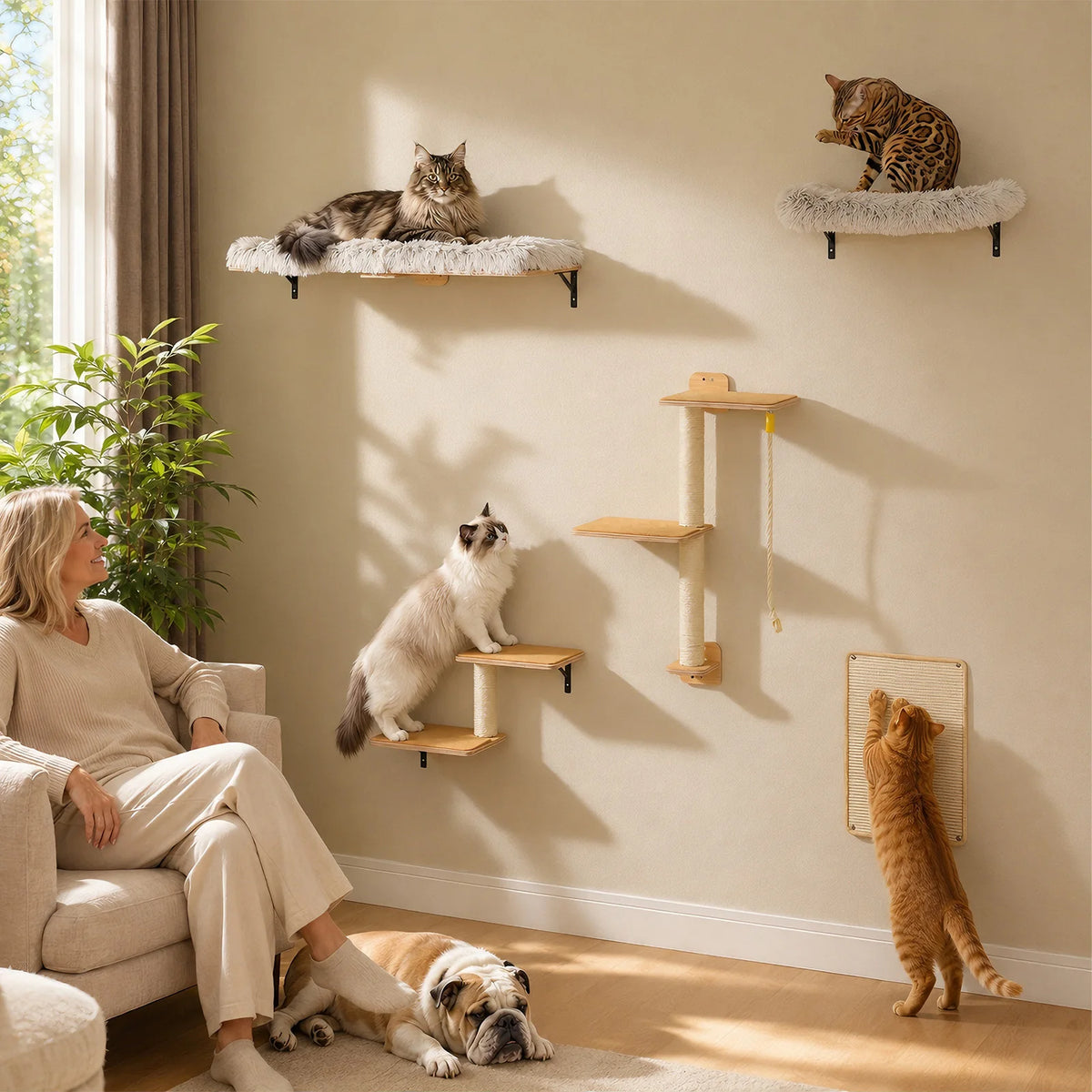 A domestic cat is resting on a wall-mounted modular climbing set with soft fur pads in a bright living room.