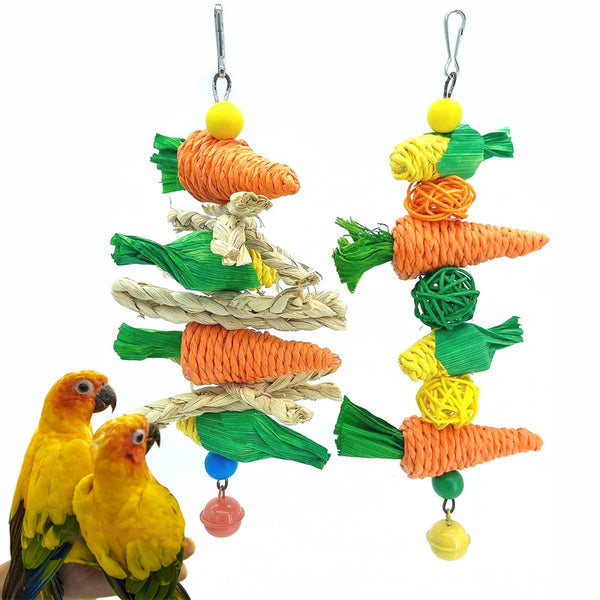 Handwoven natural vine bird and pet swing toy with bright orange carrots and green leaves