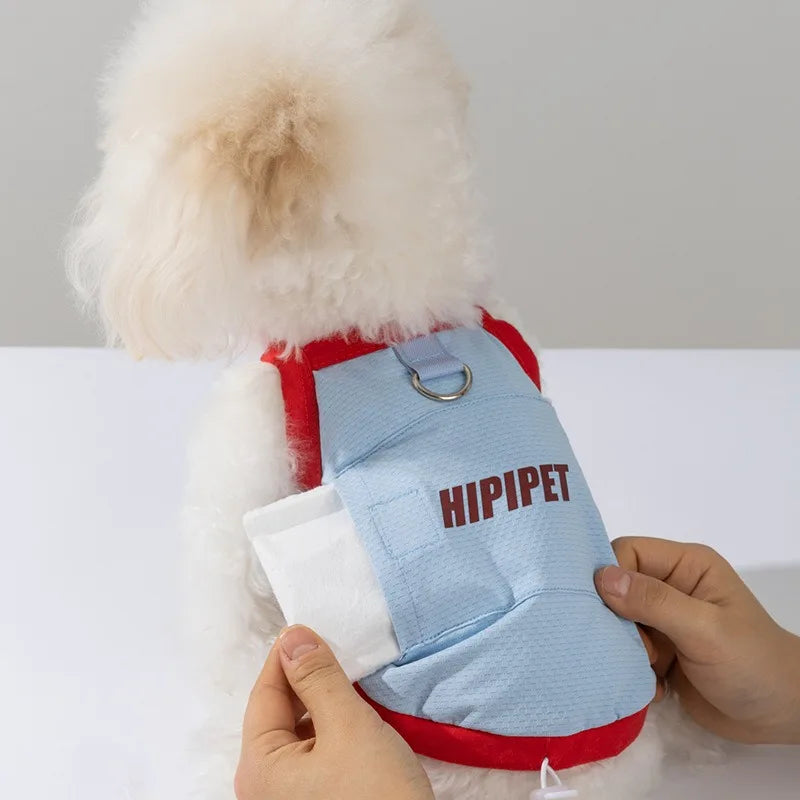 A light blue breathable summer dog vest with a red trim is shown on a white background.