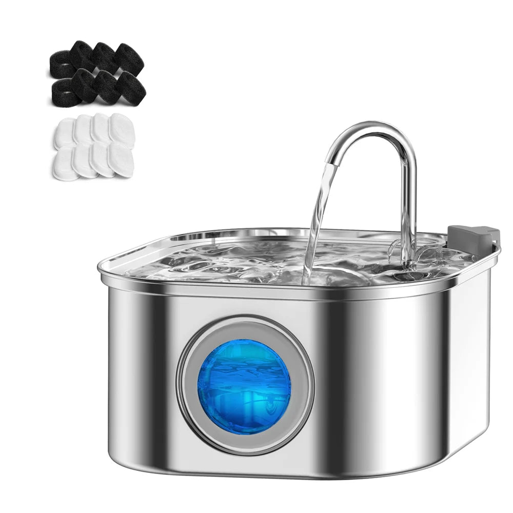 Stainless steel pet water fountain with a visual window and filtration system