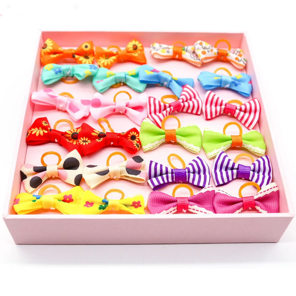 A pink tray filled with colorful pet hair bows in various colors like orange, blue, pink, and yellow.