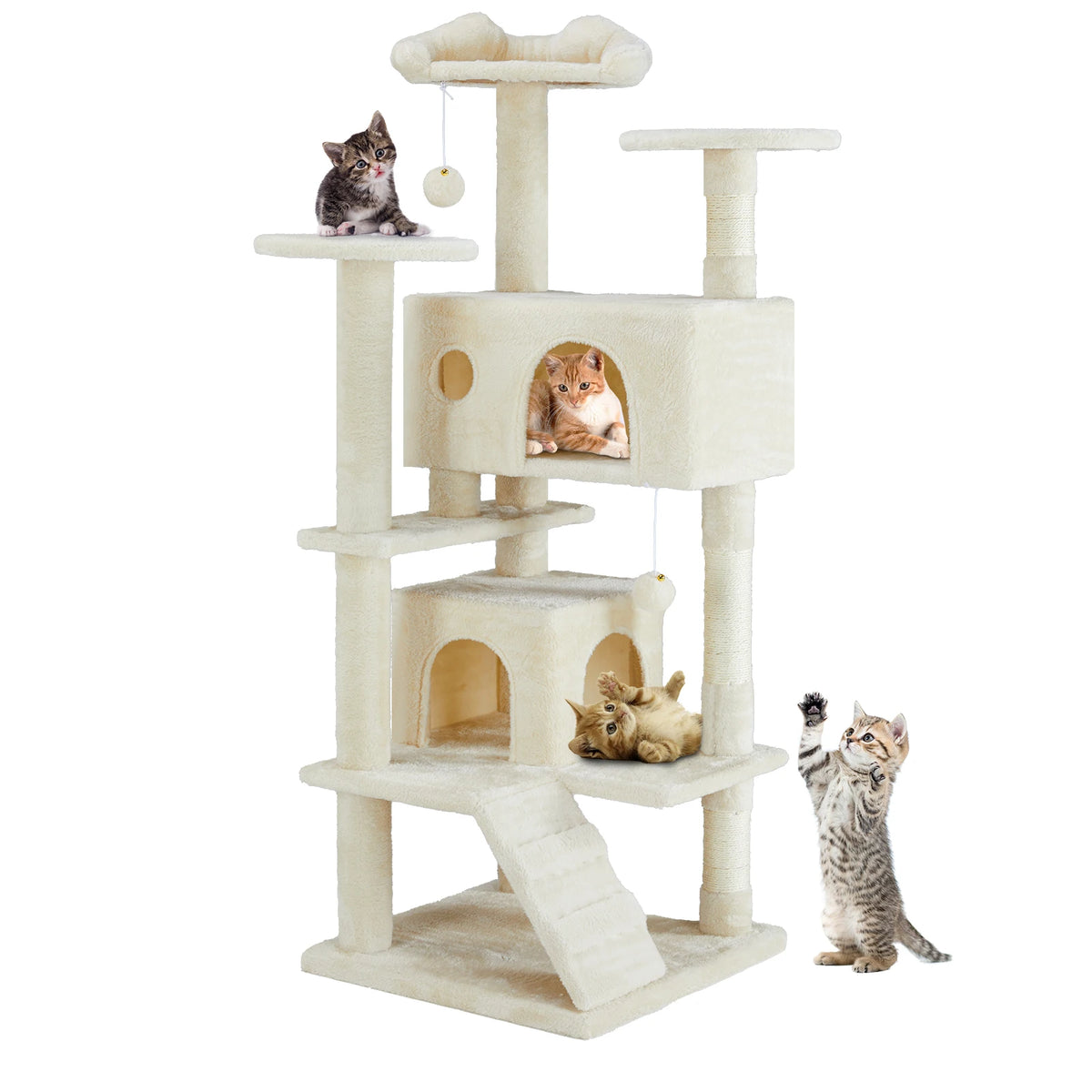A light beige cat tree tower with multiple levels, condos, and sisal scratching posts, featuring a small kitten on top.