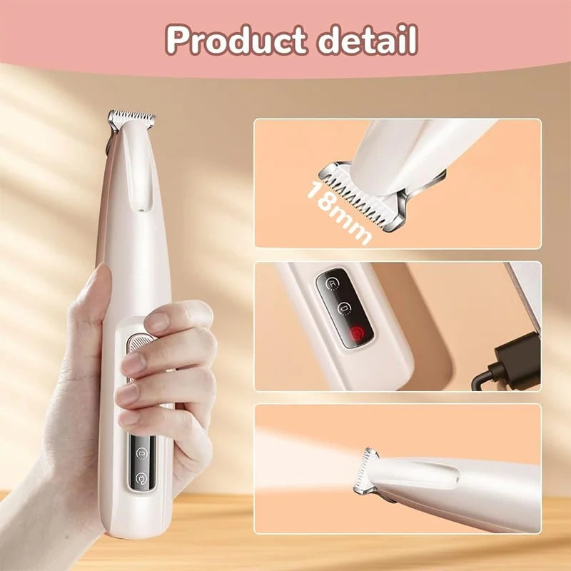 A white cordless pet grooming trimmer is shown being held, with close-ups detailing the 18mm blade and LED light features.
