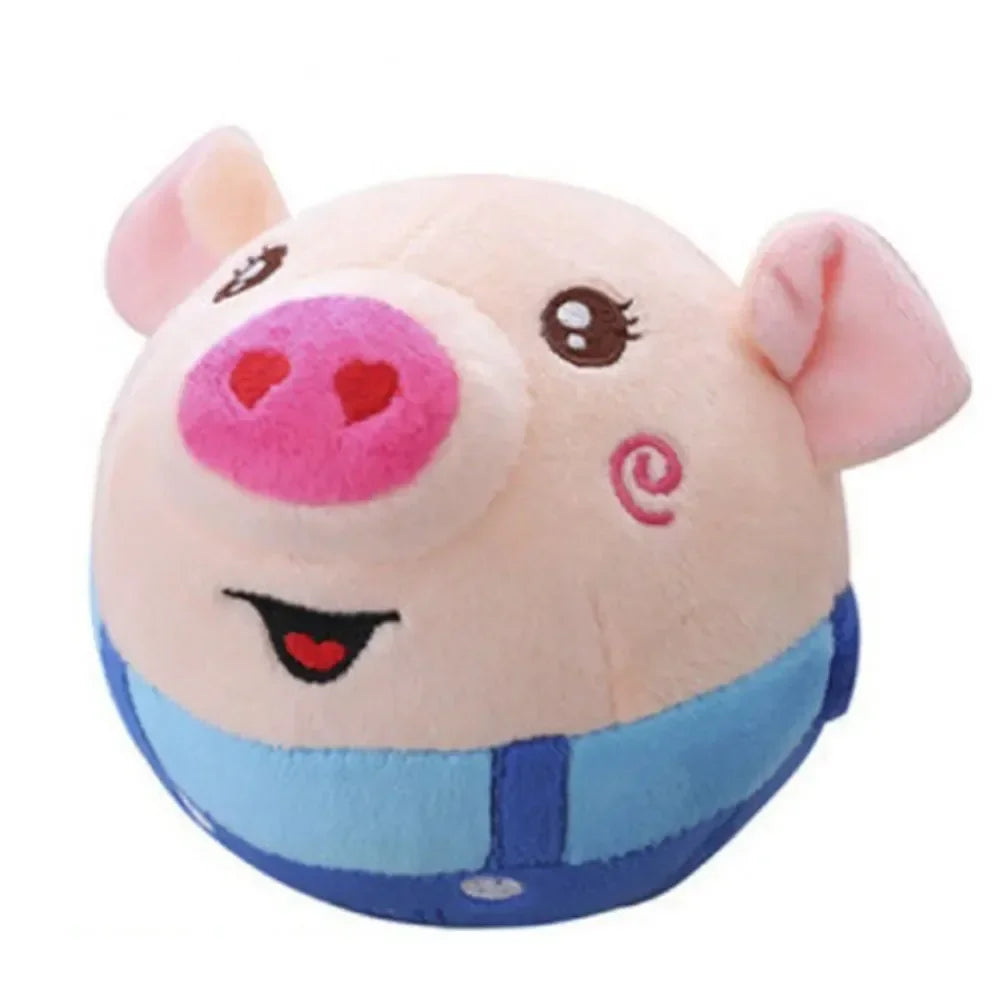 A pink stuffed pig toy with large ears and a blue collar.