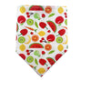 A fabric bandana featuring a colorful print of various summer fruits like watermelon, citrus, and berries on a white backgrou