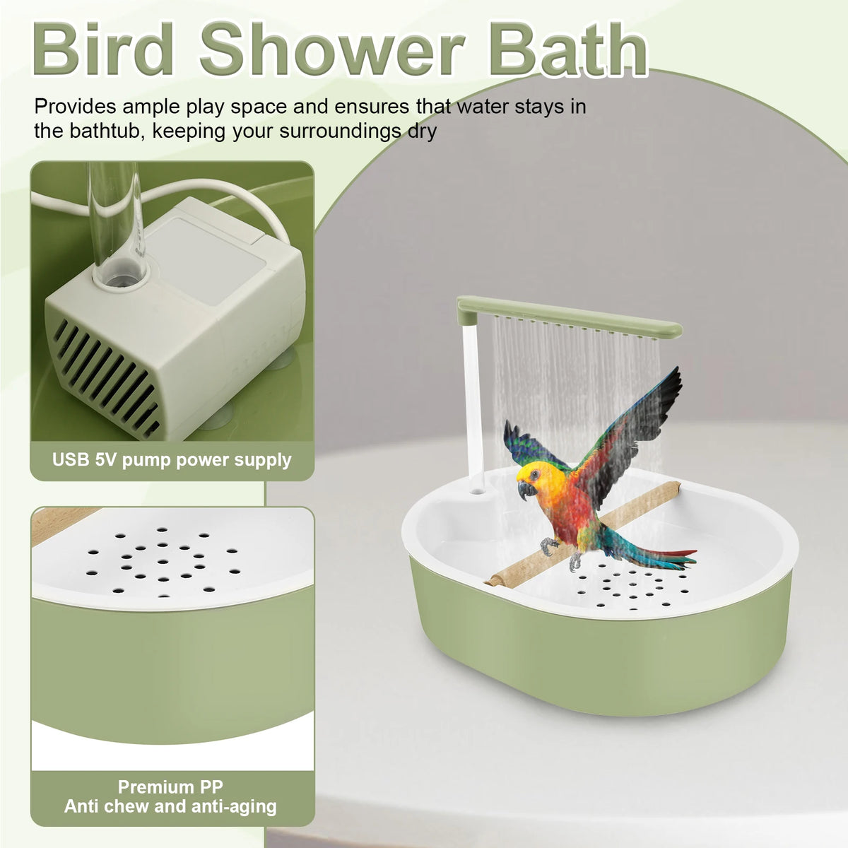 Une douche pour oiseaux verte avec pompe, montrant un oiseau nageant dans l'eau.