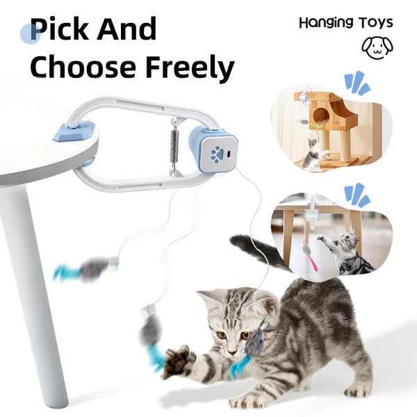 Eine Katze spielt mit einem hängenden Spielzeug, das an einem weißen Ständer befestigt ist, das Pick-and-Choose-Feature demon