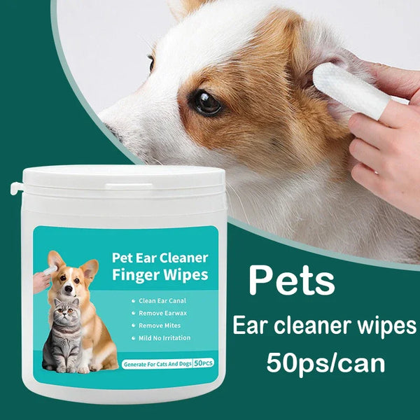 A white jar of pet ear cleaner finger wipes is shown next to a dog, with a hand applying a wipe to the dog's ear.