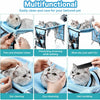 A pet grooming hammock with a stand is shown being used for trimming claws, bathing, and cleaning ears and eyes of a cat.