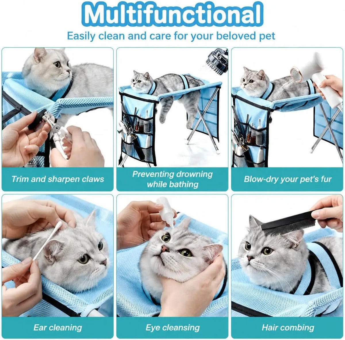 A pet grooming hammock with a stand is shown being used for trimming claws, bathing, and cleaning ears and eyes of a cat.