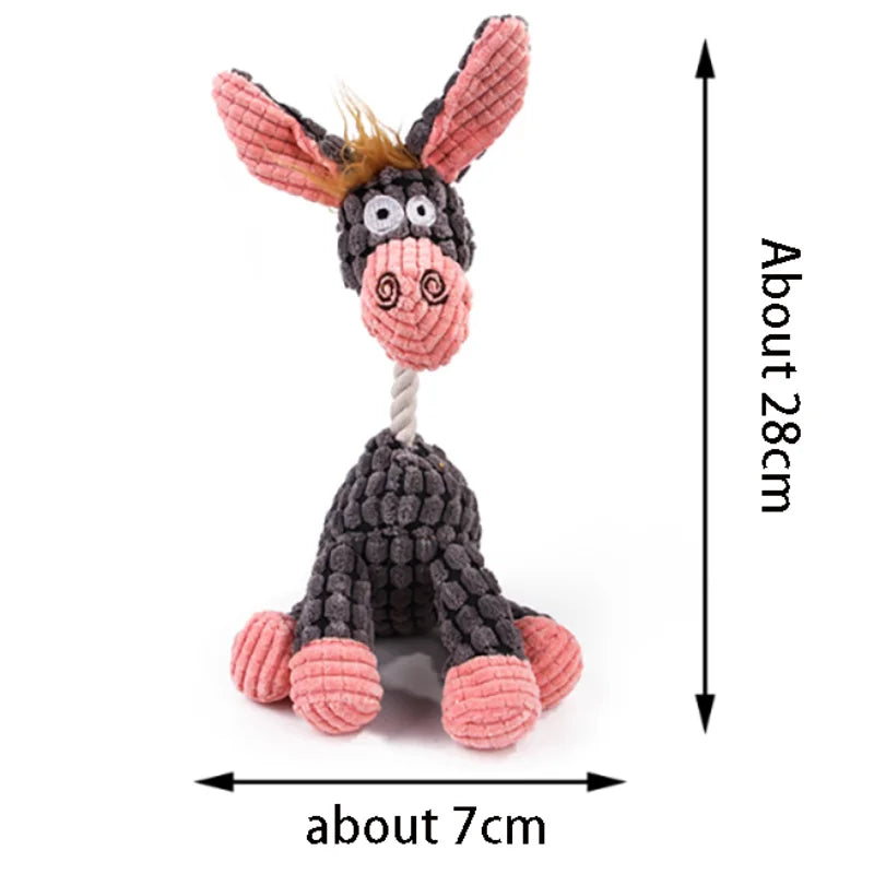 A plush squeaky donkey dog toy with pink ears and gray body, shown against a white background.