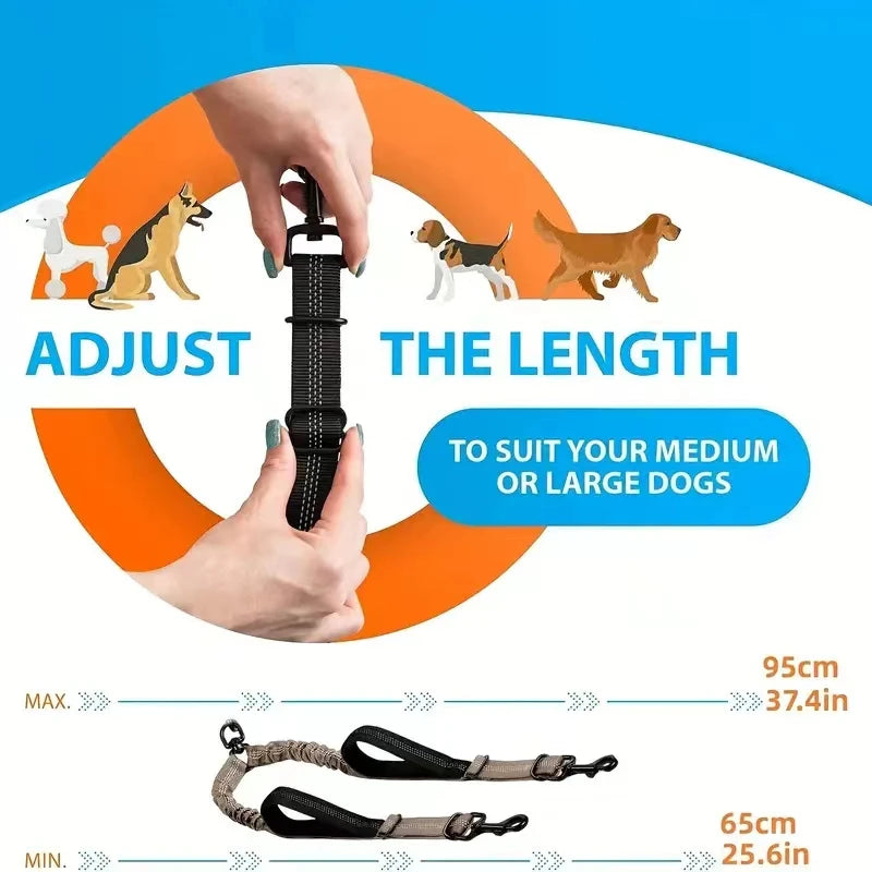 Hands adjust the length of a dual dog leash coupler with padded handles and bungee to suit medium or large dogs.