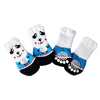 A pack of four anti-scratch cotton pet socks featuring cute animal designs in black, white, and blue.