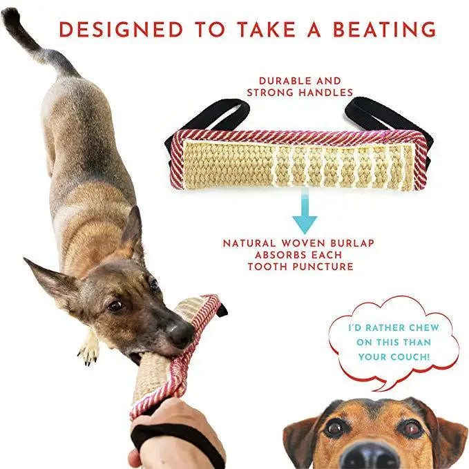 A dog is shown interacting with a durable jute tug toy designed to take a beating.