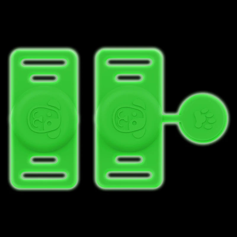 A pair of bright green silicone holders designed to attach to pet collars.