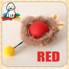 A red automatic rolling interactive ball for cats with a fuzzy outer layer and a yellow ball.