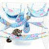 A multi-functional pet hammock and hideout set featuring colorful fabric hammocks for small pets inside a wire cage.