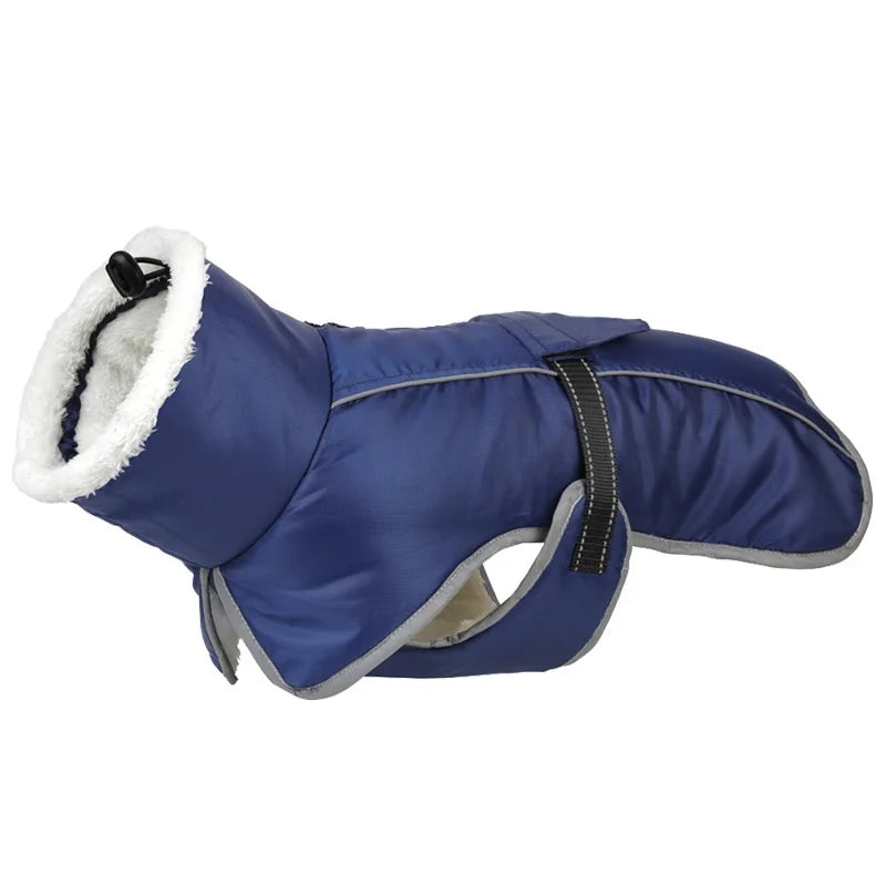 A navy blue reflective winter coat for dogs with a white fur trim.