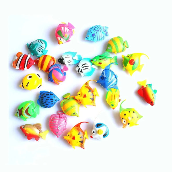 A collection of ten colorful, lifelike floating artificial tropical fish in various shades of blue, green, and yellow.