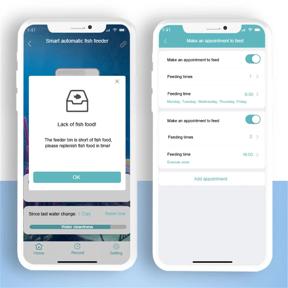 Écran d'un smartphone affichant un message d'erreur pour un distributeur automatique de poissons intelligent avec des options