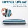 A close-up view of a blue grooming brush with a gray comb attachment, showing its double sawtooth design.