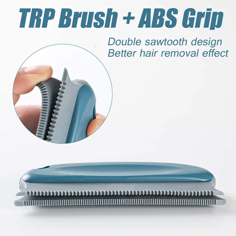 A close-up view of a blue grooming brush with a gray comb attachment, showing its double sawtooth design.