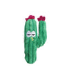 A green catnip cactus toy with pink accents and a surprised face design.