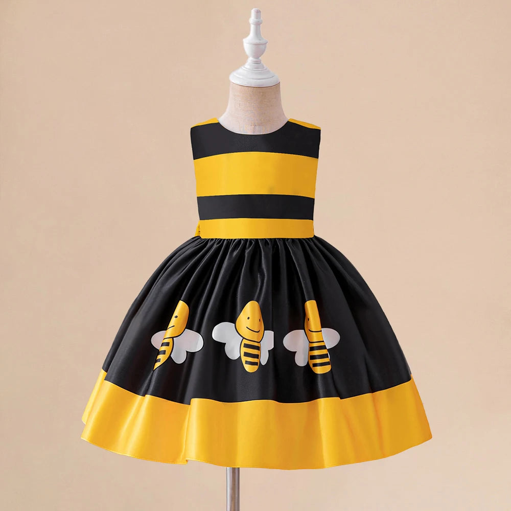 Robe tutu rayée jaune et noir avec motif abeille pour filles.