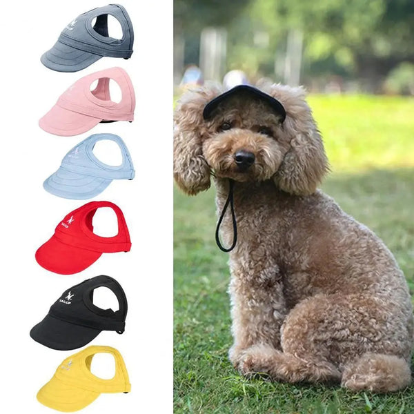 A collection of adjustable pet baseball caps in various colors including gray, pink, blue, red, black, and yellow.