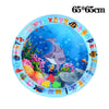 A round blue pet water sensory mat filled with colorful fish and marine life.