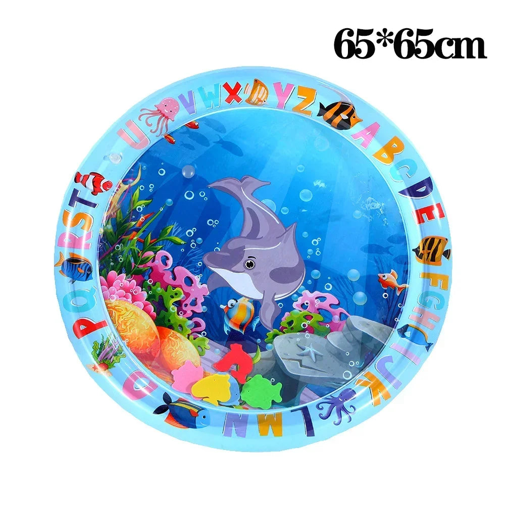 A round blue pet water sensory mat filled with colorful fish and marine life.