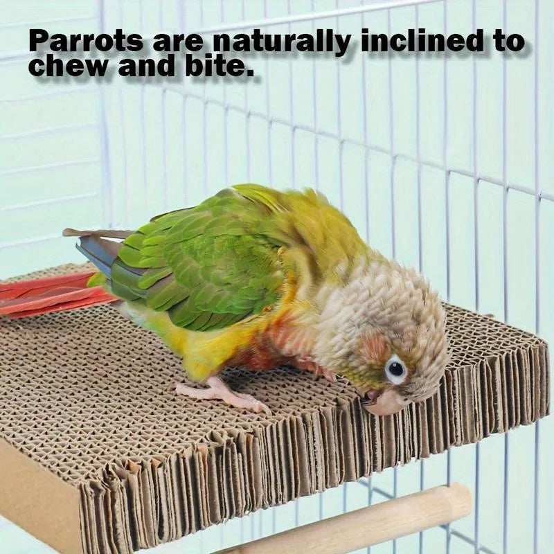A small, colorful parrot is perched on a brown corrugated bird perch stand.