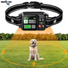 A dog wearing a collar sits on green grass with an orange dotted circle indicating its location, next to a black GPS tracking