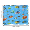 Blue self-cooling pet mat with a leakproof cover featuring various colorful fish designs