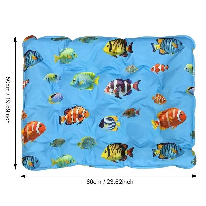 Blue self-cooling pet mat with a leakproof cover featuring various colorful fish designs