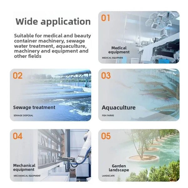 Diagram showing five wide applications of an ultra-quiet high-power aquarium and pond oxygen pump for medical equipment, sewa