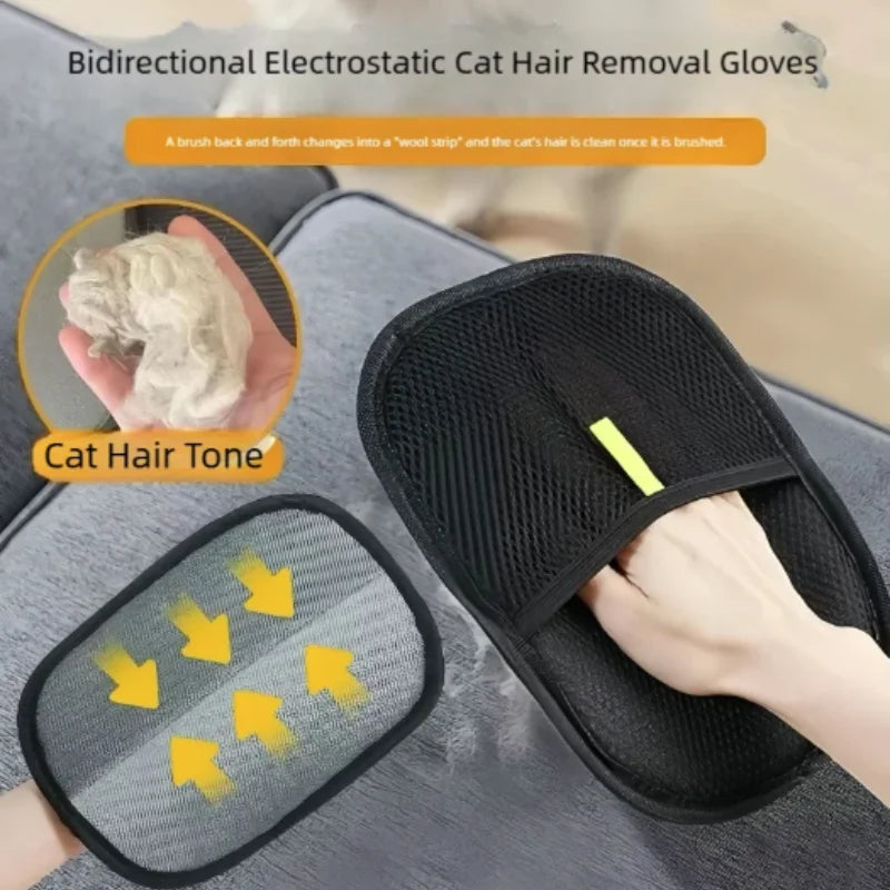 Schwarze bidirektionale elektrostatische Handschuhe zum Entfernen von Katzenhaaren bei Haustieren.