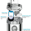 Stainless steel pet water fountain featuring an ergonomic handle, pump holder, and pre-filter sponge.