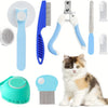 Multifunktionale Pflege-Set für Katzen mit Bürsten, Scheren und Kämme.