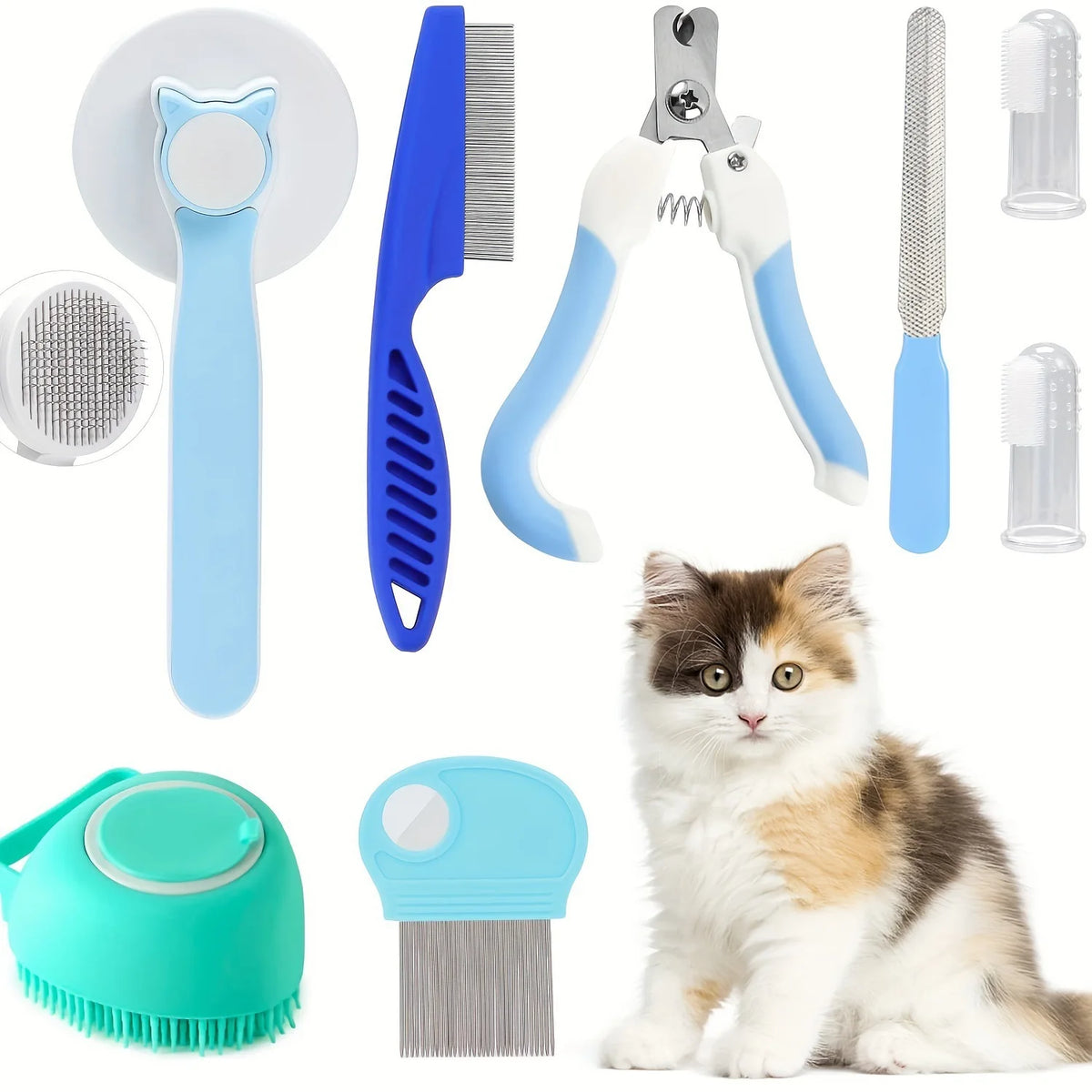 Multifunktionale Pflege-Set für Katzen mit Bürsten, Scheren und Kämme.