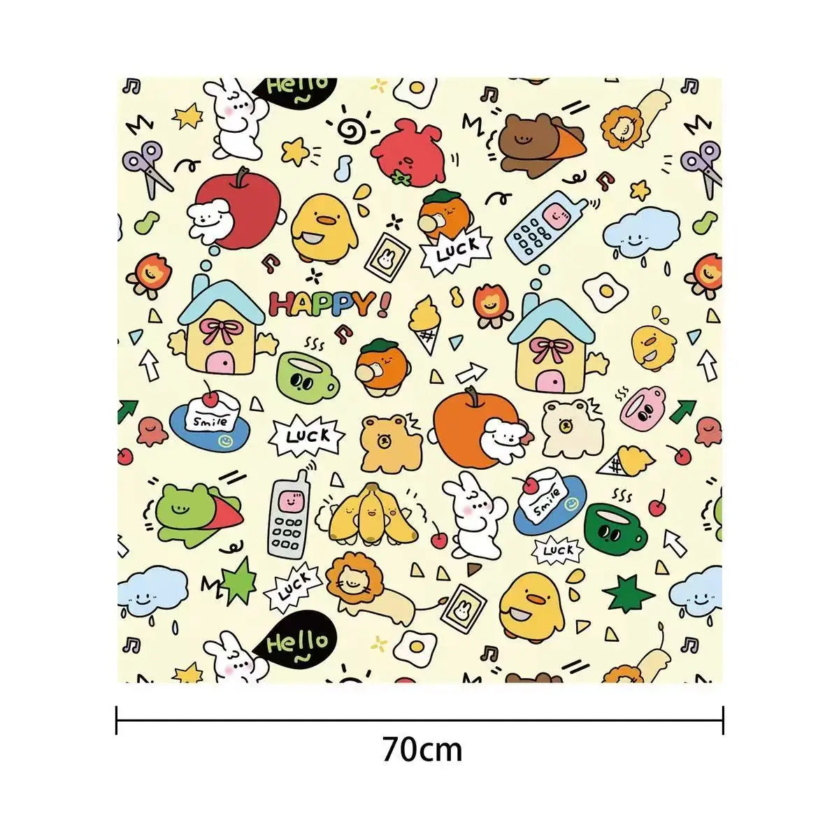 A pattern of cute, colorful cartoon animals and objects used for pet swaddling and nail clipping.